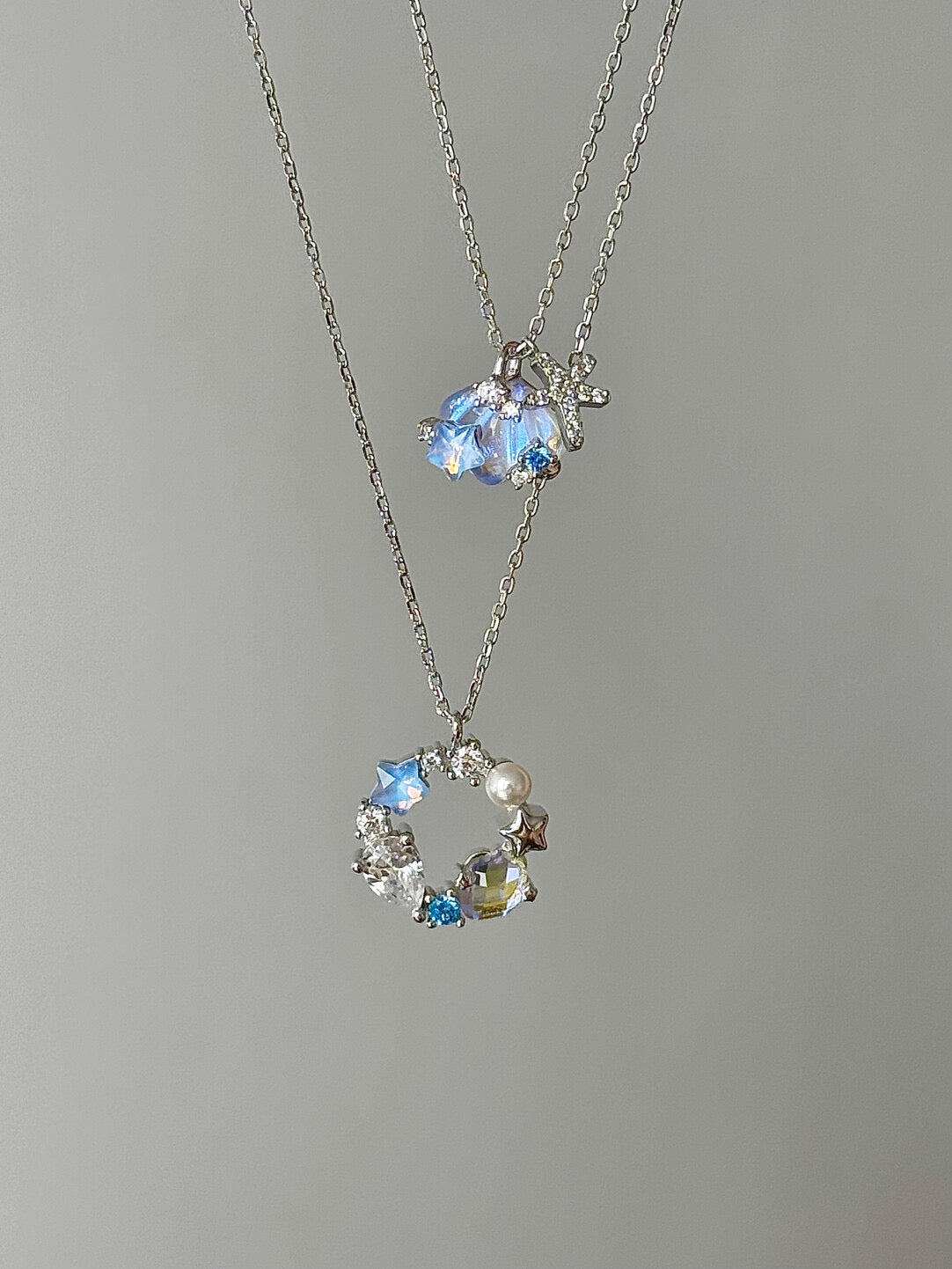 LolaWhite "Moonlight Coast" Solid S925 Sterling Silver Iridescent Starfish & Shell Necklace & Bracelet Set - Dreamy Marine Style