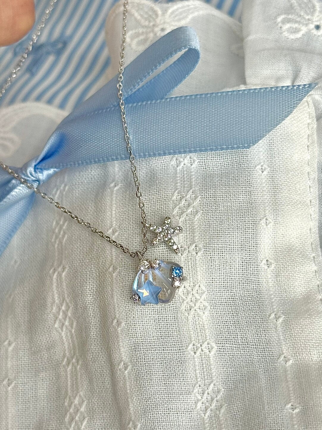 LolaWhite "Moonlight Coast" Solid S925 Sterling Silver Iridescent Starfish & Shell Necklace & Bracelet Set - Dreamy Marine Style