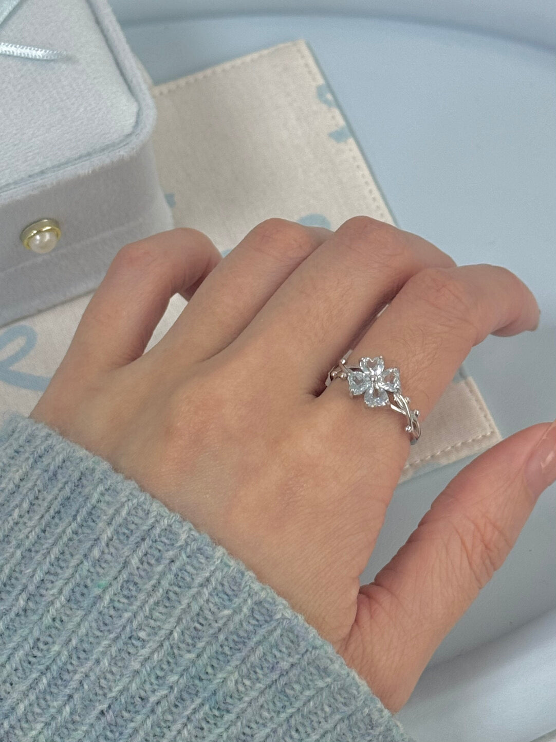 LolaWhite "Blue Ravine Pavilion" Solid S925 Sterling Silver Icelandic Blue Four-Leaf Clover Adjustable Ring – Elegant & Refined