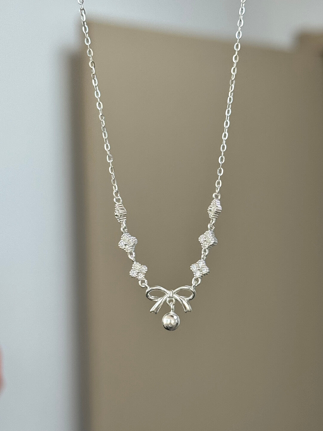 LolaWhite "Lucky Christmas Bow" Solid S999 Sterling Silver Four-Leaf Clover & Bow Necklace