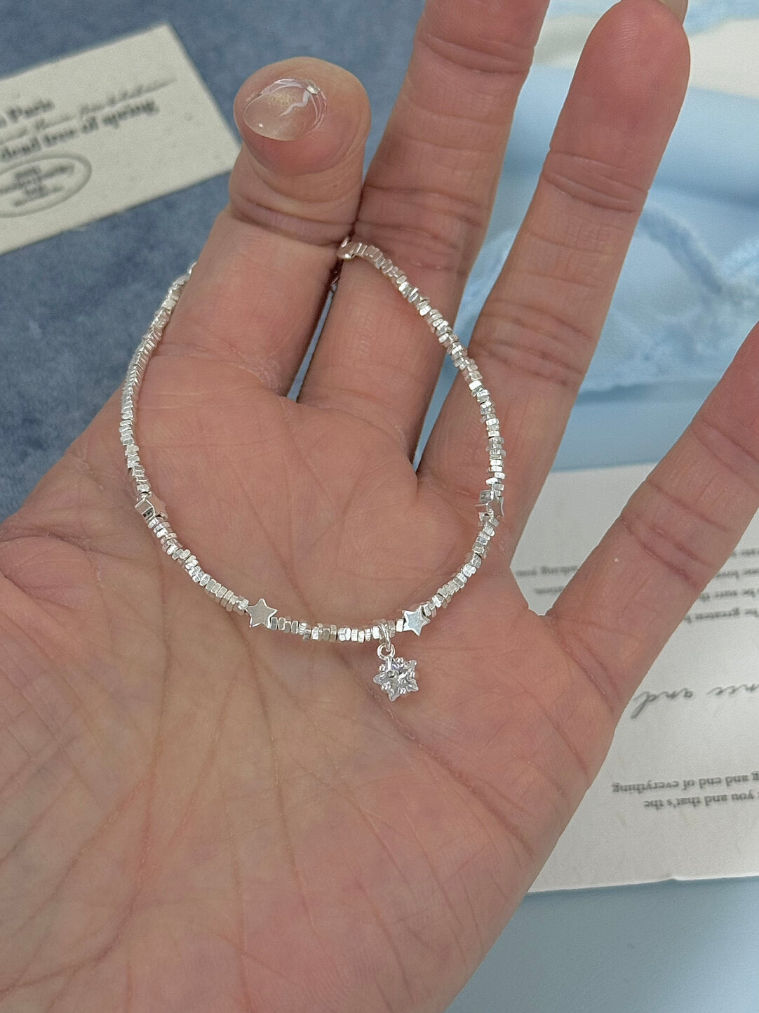 LolaWhite "Stardust Chronicles" Solid S999 Sterling Silver Star & Crushed Silver Accents Bracelet - Dainty, Versatile & Sweet - Korean Ins Style