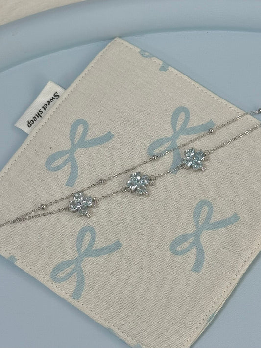 LolaWhite "Blue Ravine Pavilion" Solid S925 Sterling Silver Blue Four-Leaf Clover Double-Layer Bracelet – Light Luxury & Elegant