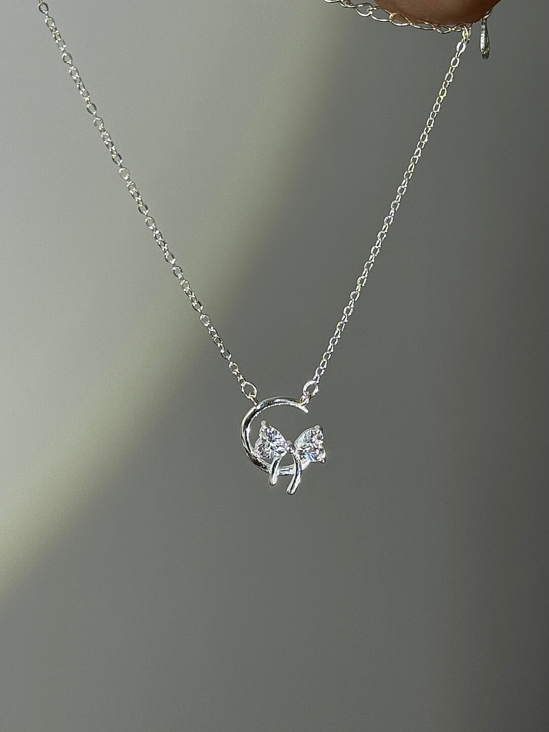 LolaWhite "Star-Moon Goddess" Solid S999 Pure Silver Crescent Moon & Bow Pendant Necklace with Zircon - Sweet & Feminine
