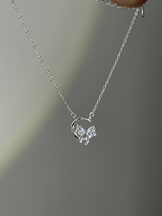 LolaWhite "Star-Moon Goddess" Solid S999 Pure Silver Crescent Moon & Bow Pendant Necklace with Zircon - Sweet & Feminine