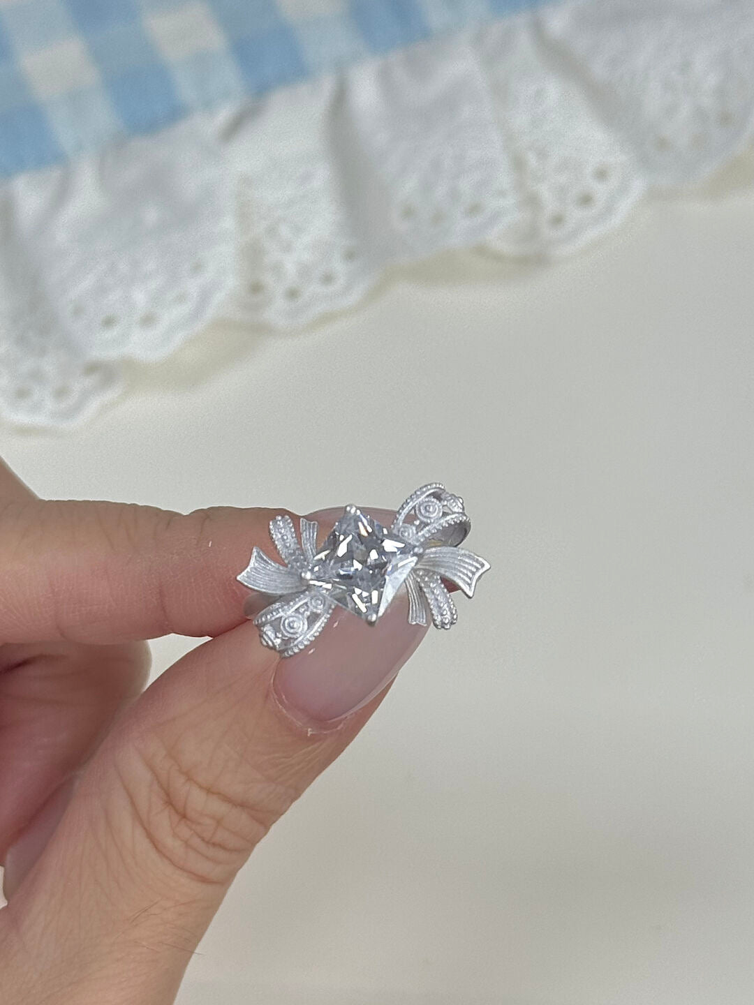 LolaWhite "Layered Butterfly Veil" S925 Sterling Silver Square Zircon Lace Bow Ring – Unique & Light Luxury