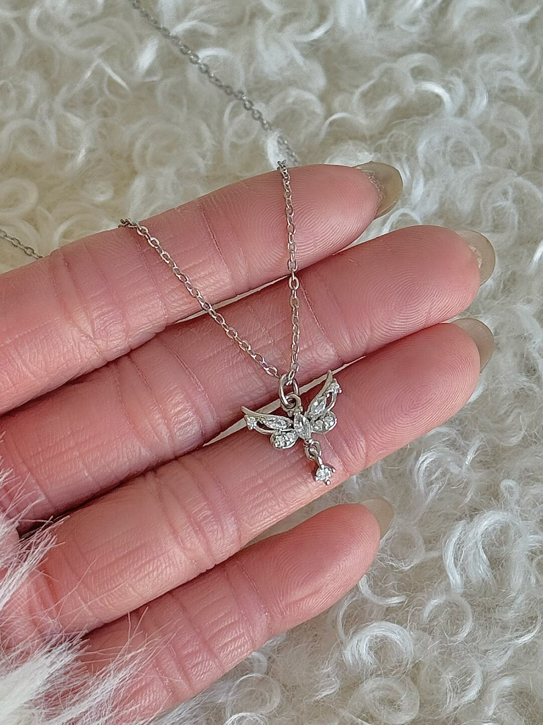 LolaWhite "Butterfly Realm" Solid S999 Pure Silver Angel Wing Butterfly Necklace - Tarnish-Resistant, Light Luxury & Sweet