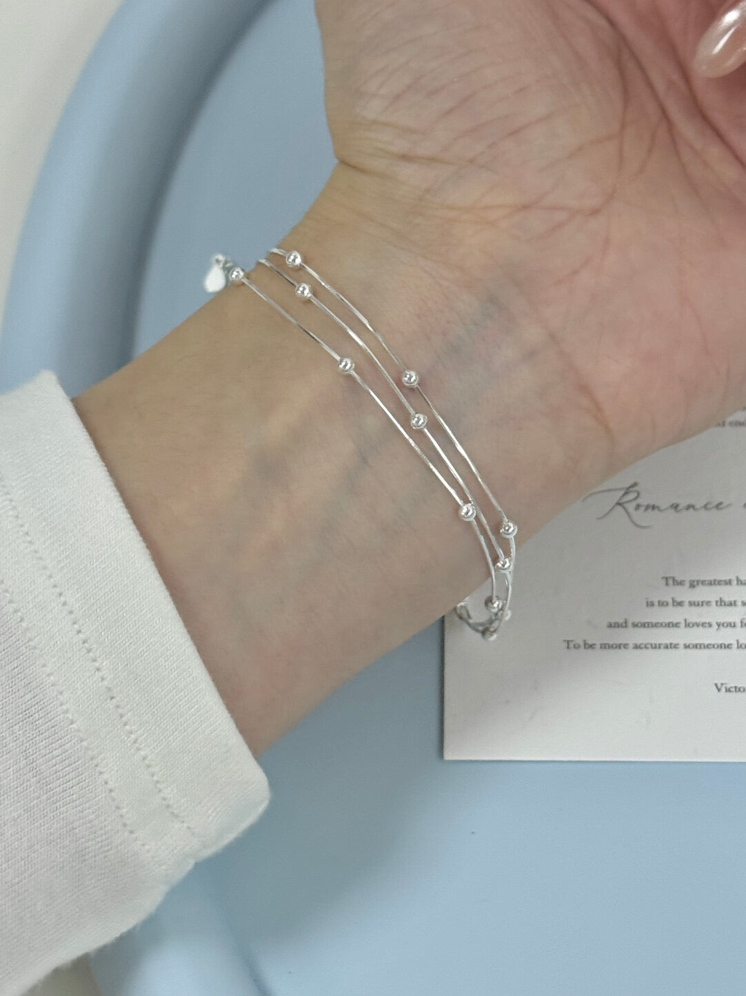 LolaWhite "Stirred Strings" Korean Style S925 Sterling Silver Triple-Layer Snake Chain Bracelet with Bead Accents - Minimalist & Chic