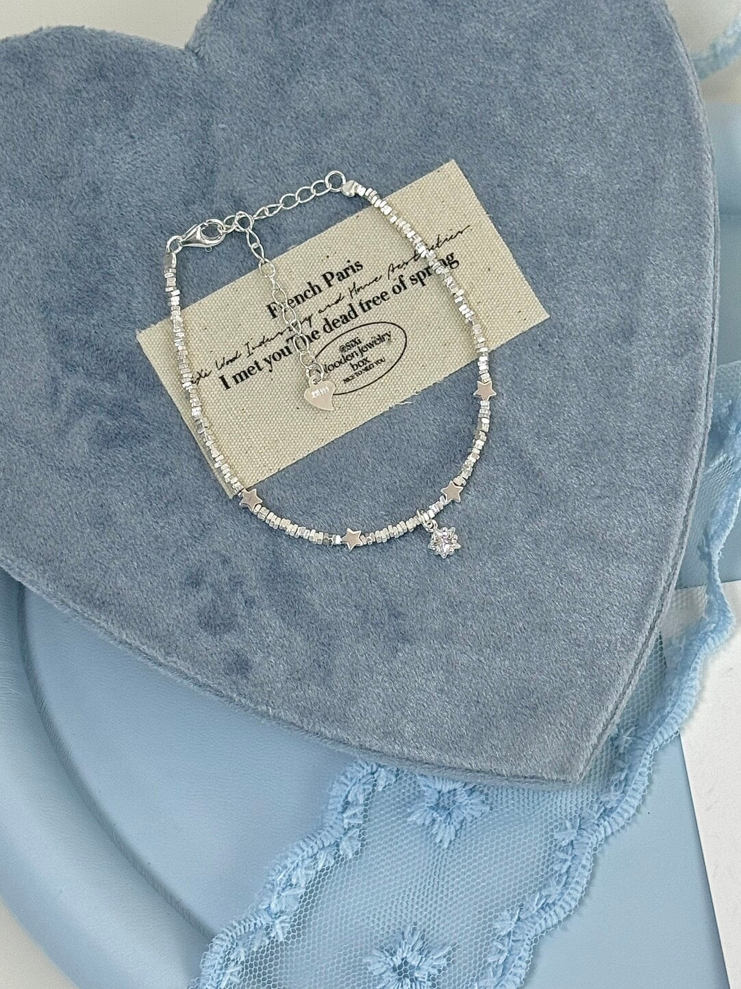 LolaWhite "Stardust Chronicles" Solid S999 Sterling Silver Star & Crushed Silver Accents Bracelet - Dainty, Versatile & Sweet - Korean Ins Style