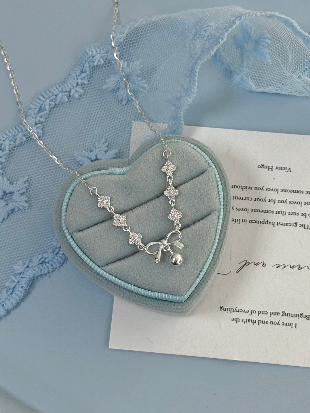 LolaWhite "Lucky Christmas Bow" Solid S999 Sterling Silver Four-Leaf Clover & Bow Necklace