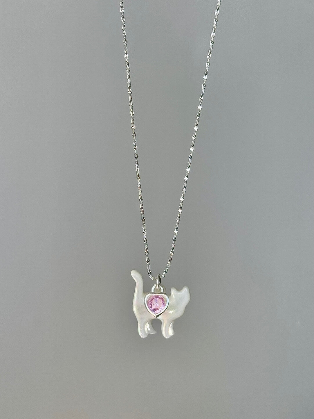 LolaWhite "Cloud Kitten" S925 Sterling Silver Mother-of-Pearl Cat Pendant Necklace with Heart Zircon - Playful & Sweet