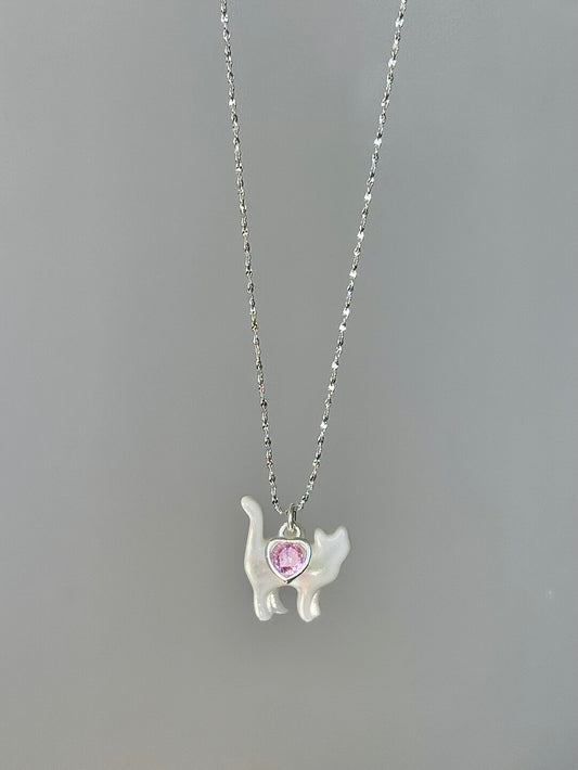 LolaWhite "Cloud Kitten" S925 Sterling Silver Mother-of-Pearl Cat Pendant Necklace with Heart Zircon - Playful & Sweet