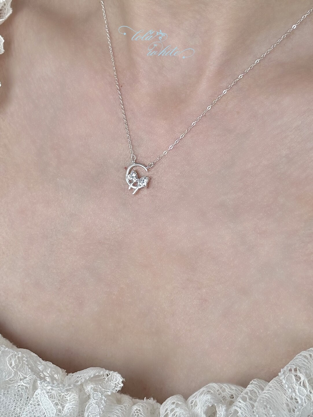 LolaWhite "Star-Moon Goddess" Solid S999 Pure Silver Crescent Moon & Bow Pendant Necklace with Zircon - Sweet & Feminine