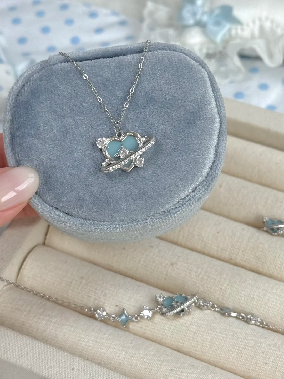 LolaWhite "Sweet Planet" S925 Sterling Silver Blue Heart & Star Trail Collection – Necklace, Bracelet & Earrings