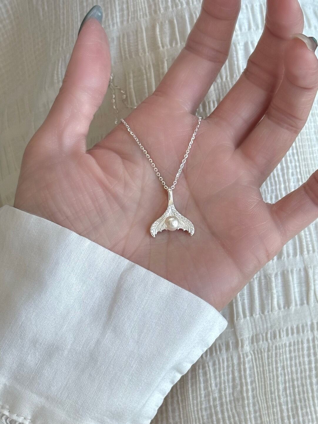 LolaWhite "Lunar Teardrop" S925 Sterling Silver Mermaid Tail Pearl Necklace - French Luxury & Elegant