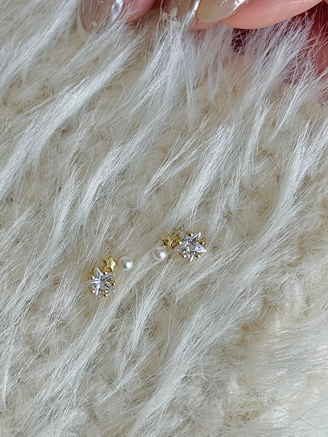 롤라화이트 스타 &amp; 펄 S925 스털링 실버 14K 골드 도금 스터드 귀걸이 - 한국 스타일, 섬세함, 개성 있는 디자인