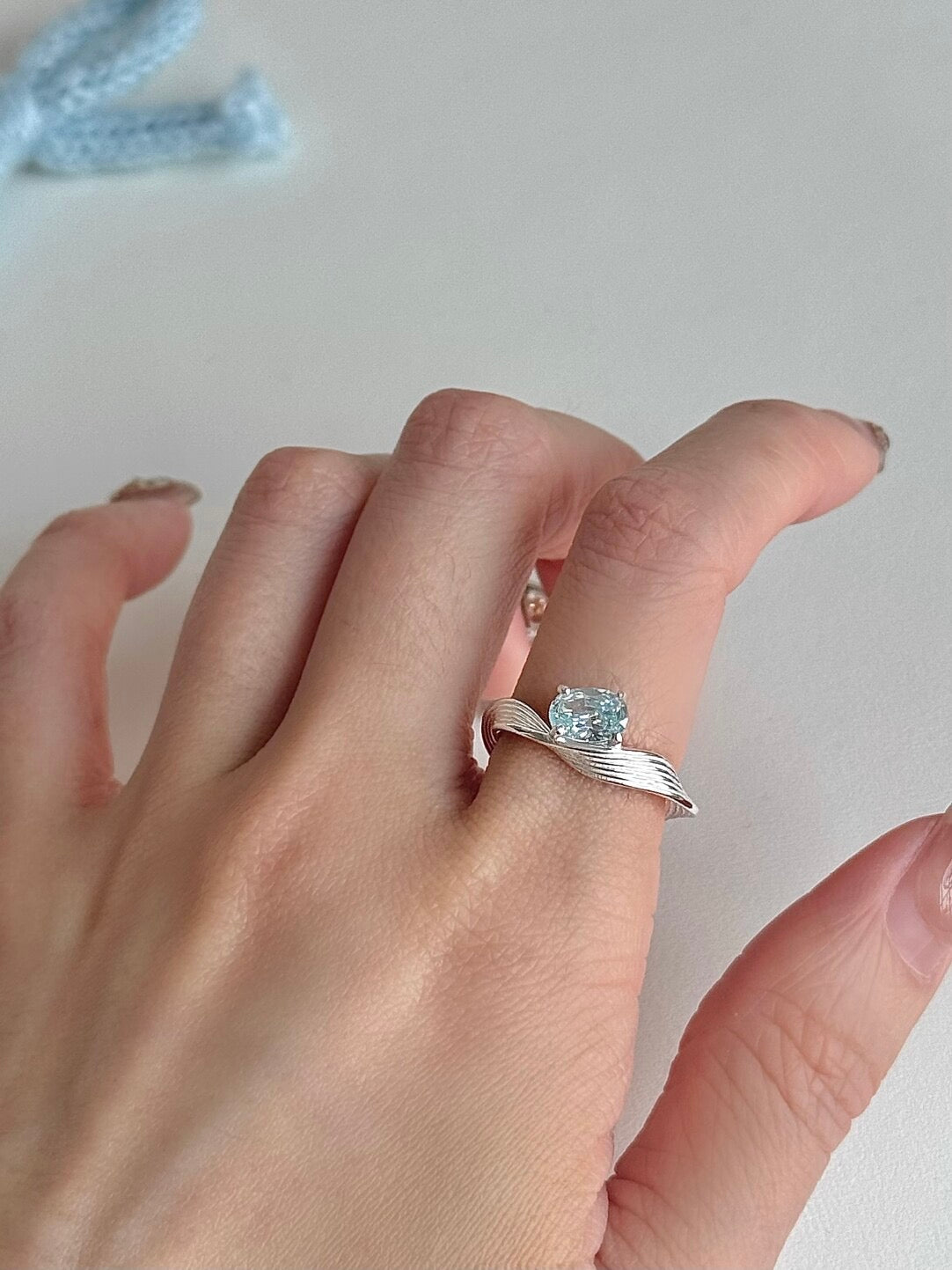LolaWhite "Mercury Record" S925 Sterling Silver Wave-Textured Ring in Aqua Blue - Light Luxury & Icy Elegance