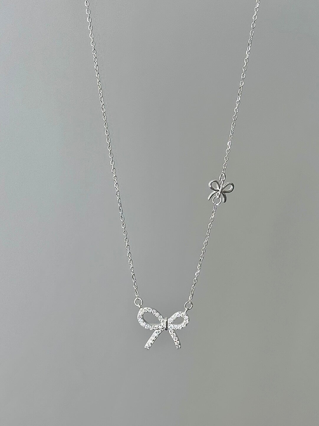 LolaWhite "Rite of Passage" S925 Sterling Silver Double Bow Pendant Necklace with Full-Zircon - Korean Ins Style
