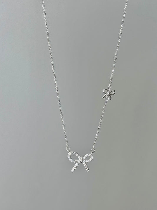 LolaWhite "Rite of Passage" S925 Sterling Silver Double Bow Pendant Necklace with Full-Zircon - Korean Ins Style