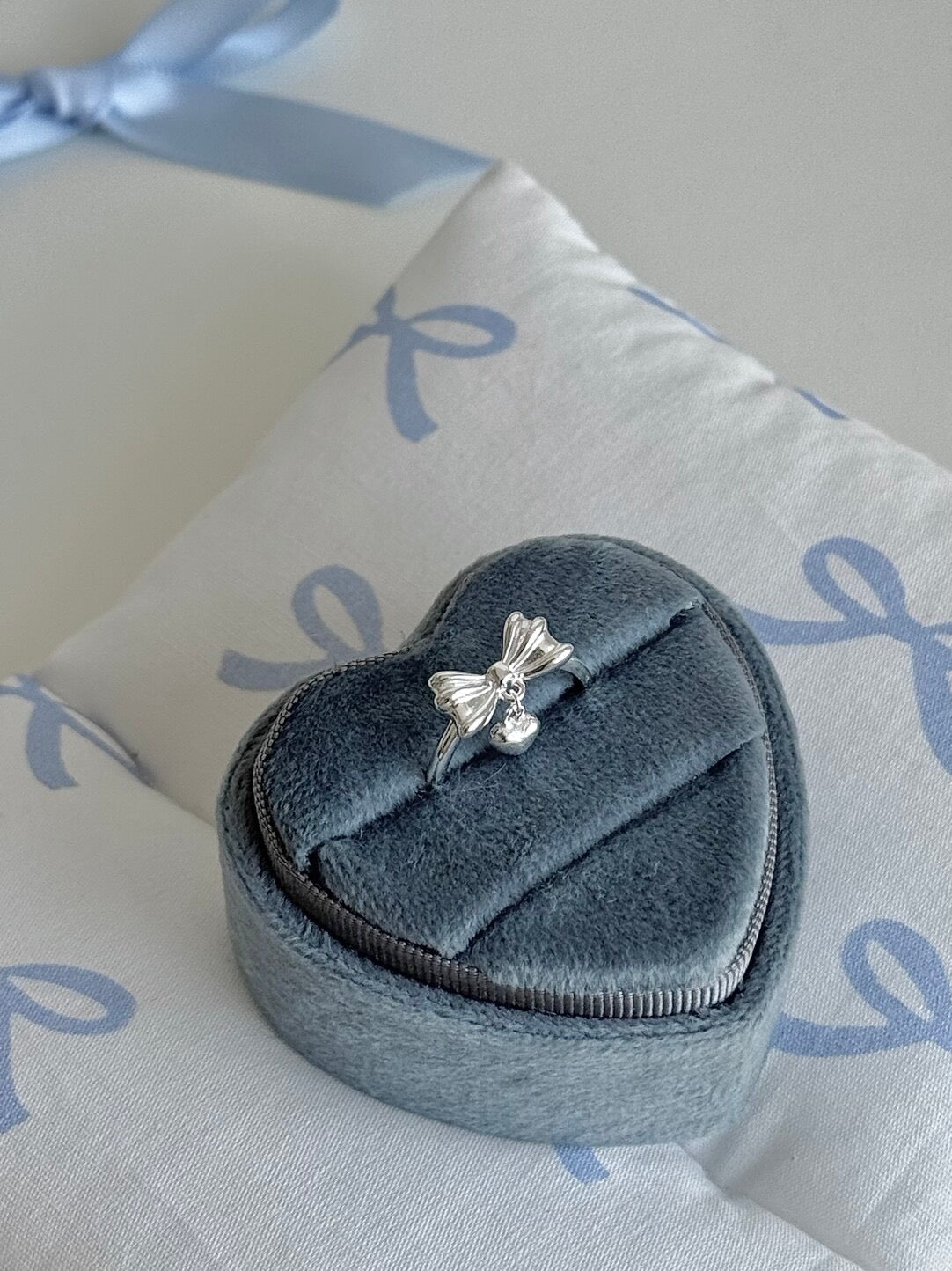 LolaWhite "Heartbeat Rhythm" S925 Sterling Silver Bow & Heart Ring - Playful, Sweet & Korean Style