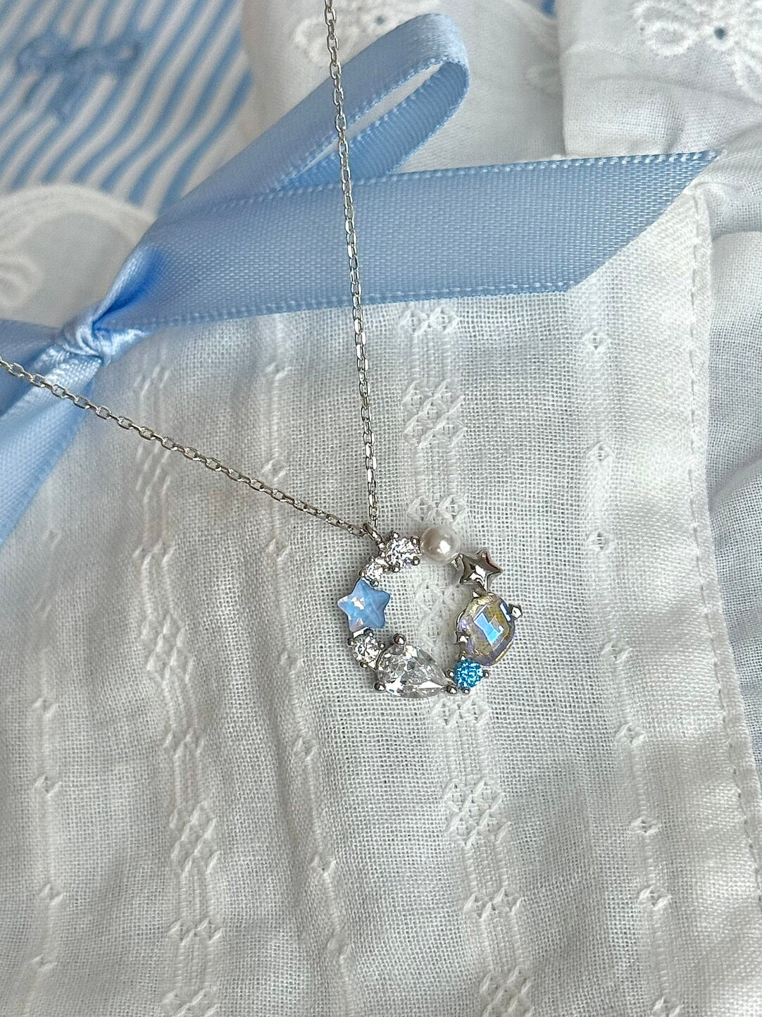 LolaWhite "Moonlight Coast" Solid S925 Sterling Silver Iridescent Starfish & Shell Necklace & Bracelet Set - Dreamy Marine Style