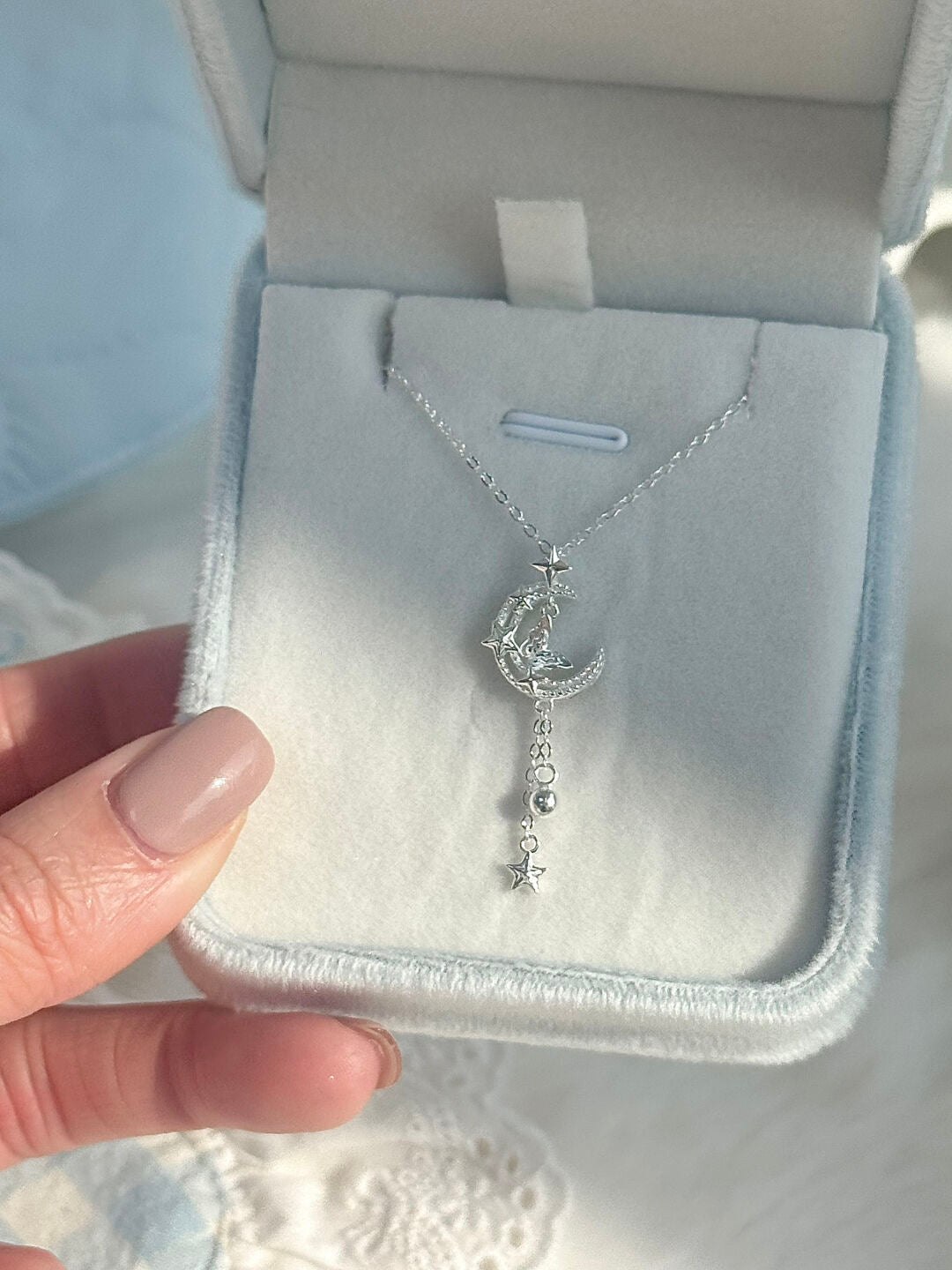 LolaWhite "Moonlit Butterfly Dance" S925 Sterling Silver Star, Moon & Butterfly Tassel Necklace