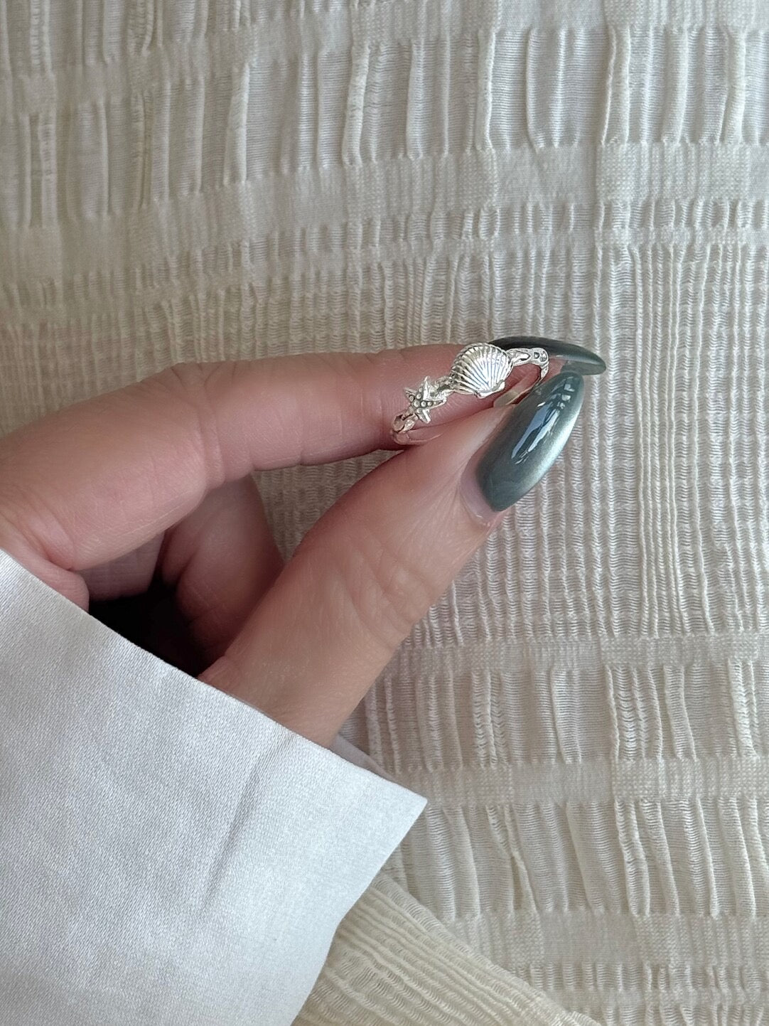 LolaWhite "Island Breeze" Solid S999 Pure Silver Starfish & Shell Ring - Resort Style Beach Birthday Gift