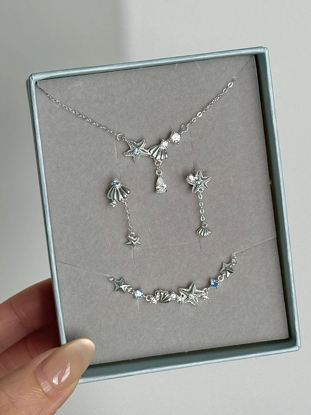 LolaWhite "Positano Summer" S999 Solid Sterling Silver Starfish & Shell Jewelry Set with Blue Zircon - Nautical Holiday Collection