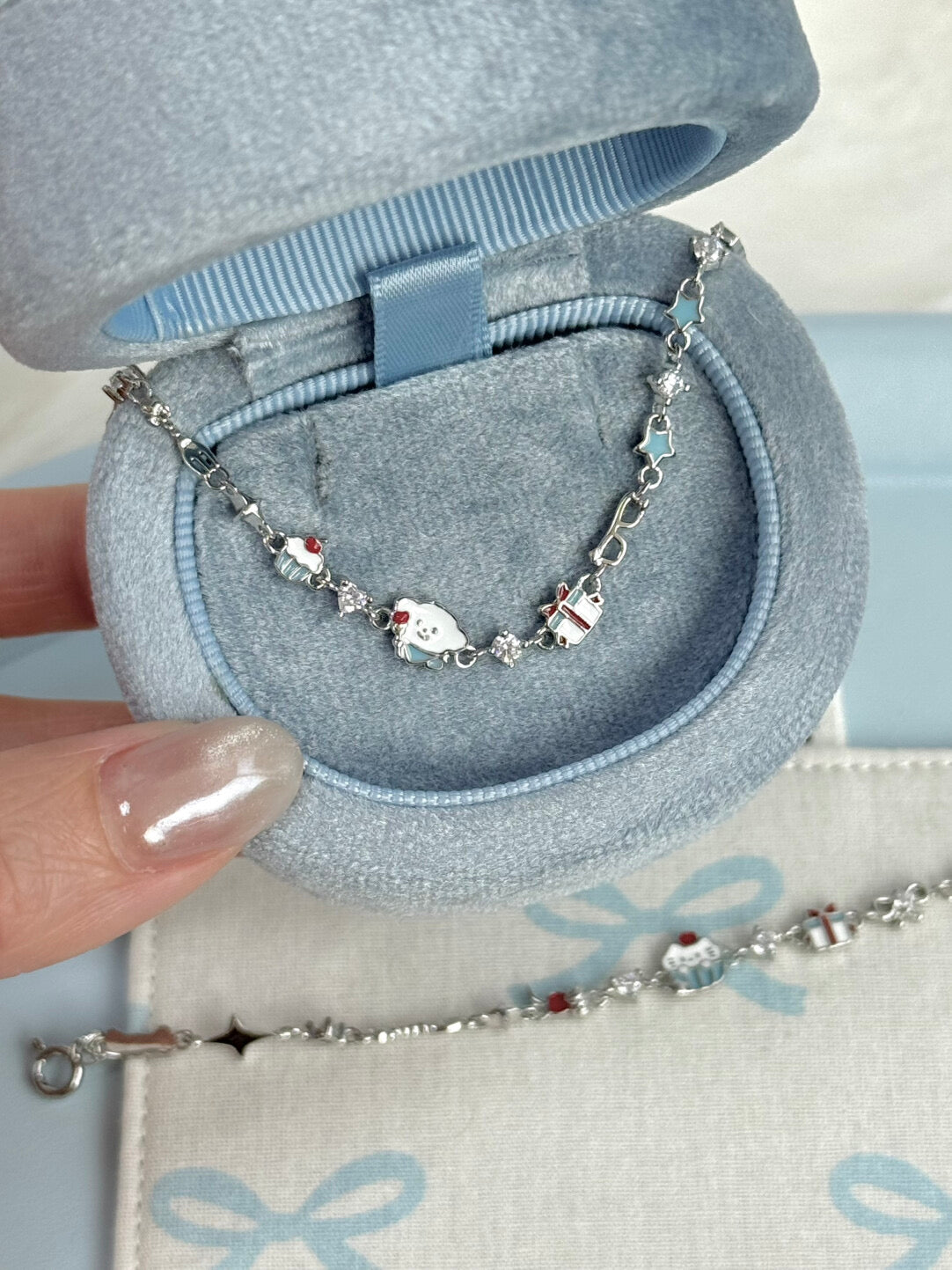 LolaWhite "Cream Cake" Silver Plated Birthday Cake Bracelet – Unique Design, Bestie & Couple Style with Cat & Dog Doodle