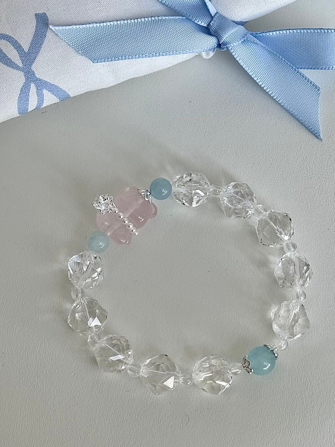 LolaWhite "Gummy Bear" White Faceted Bead Bracelet with Bear Charm
