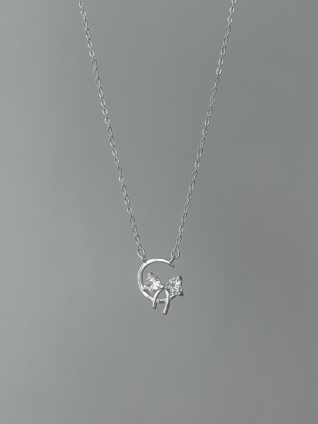 LolaWhite "Star-Moon Goddess" Solid S999 Pure Silver Crescent Moon & Bow Pendant Necklace with Zircon - Sweet & Feminine