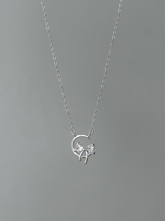 LolaWhite "Star-Moon Goddess" Solid S999 Pure Silver Crescent Moon & Bow Pendant Necklace with Zircon - Sweet & Feminine