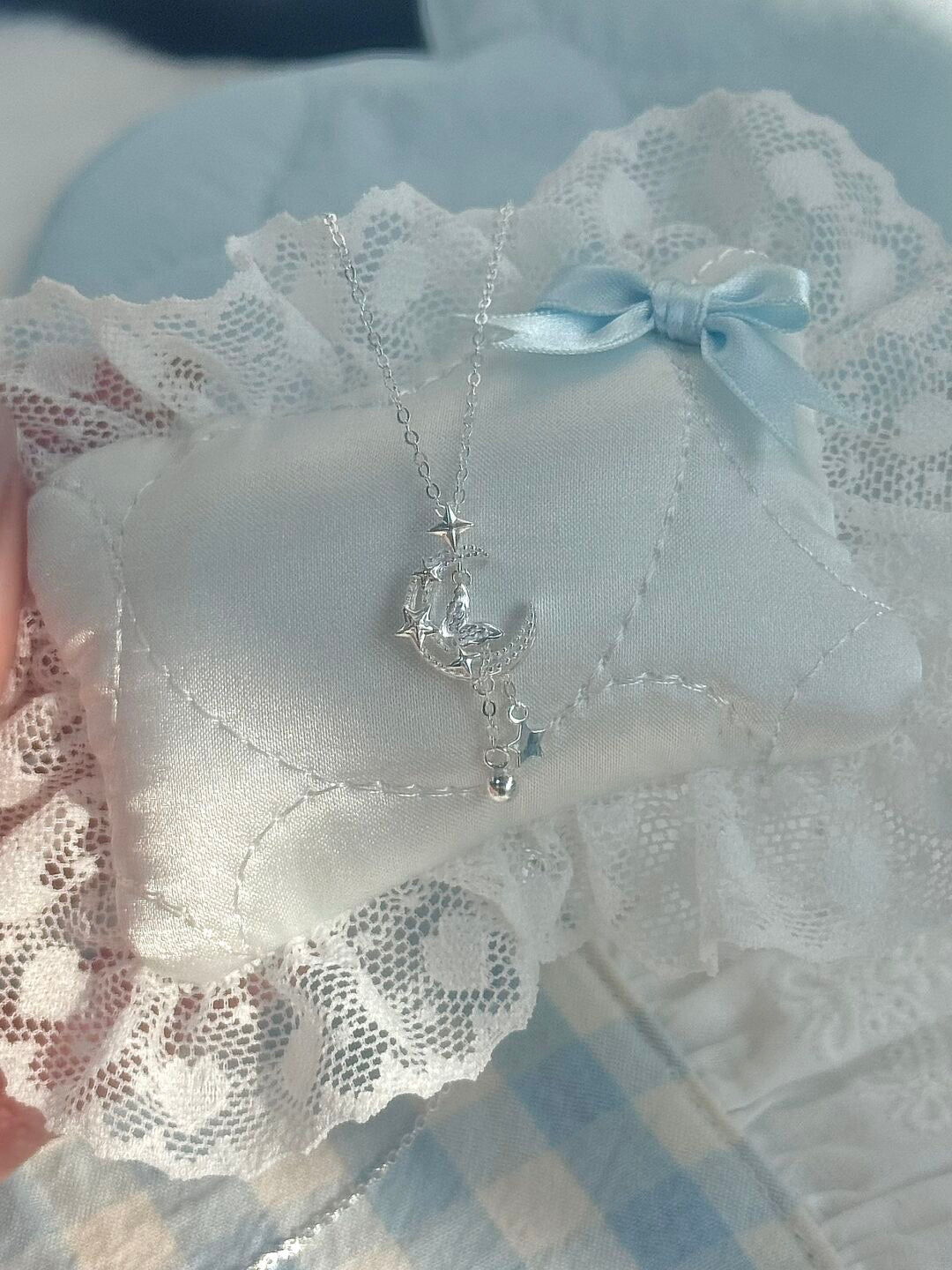 LolaWhite "Moonlit Butterfly Dance" S925 Sterling Silver Star, Moon & Butterfly Tassel Necklace
