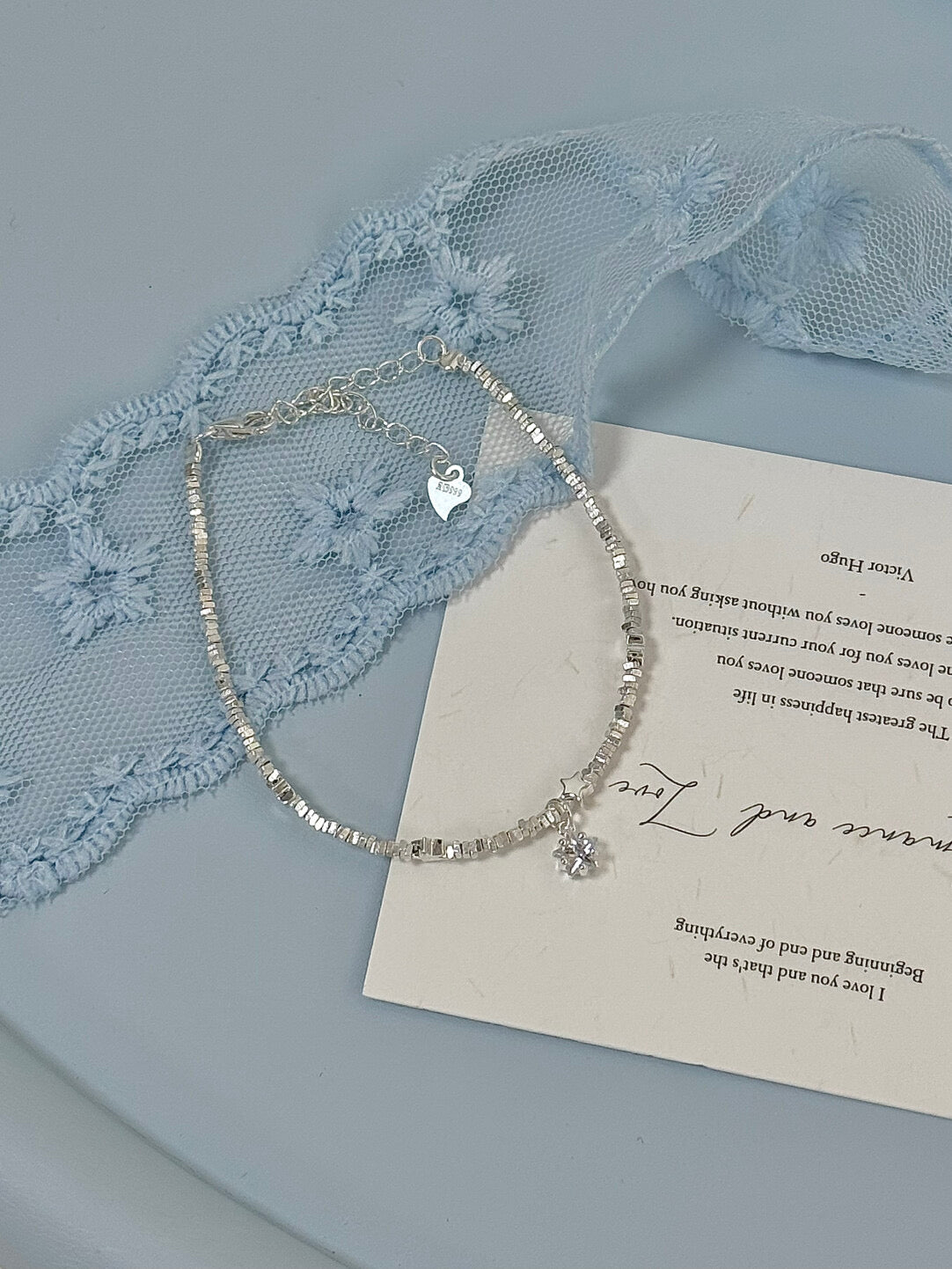 LolaWhite "Stardust Chronicles" Solid S999 Sterling Silver Star & Crushed Silver Accents Bracelet - Dainty, Versatile & Sweet - Korean Ins Style