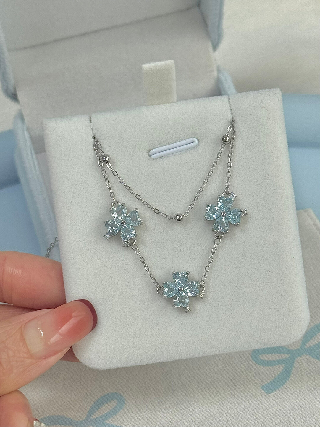 LolaWhite "Blue Ravine Pavilion" Solid S925 Sterling Silver Blue Four-Leaf Clover Double-Layer Bracelet – Light Luxury & Elegant