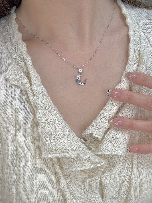 LolaWhite "Lunar Tides" S925 Sterling Silver Moon & Eight-Pointed Star Collarbone Necklace - Versatile Korean Style