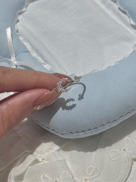 LolaWhite "Moon Butterfly Dance" Solid S999 Pure Silver Moon & Butterfly Openwork Ring - Korean Sweet Style