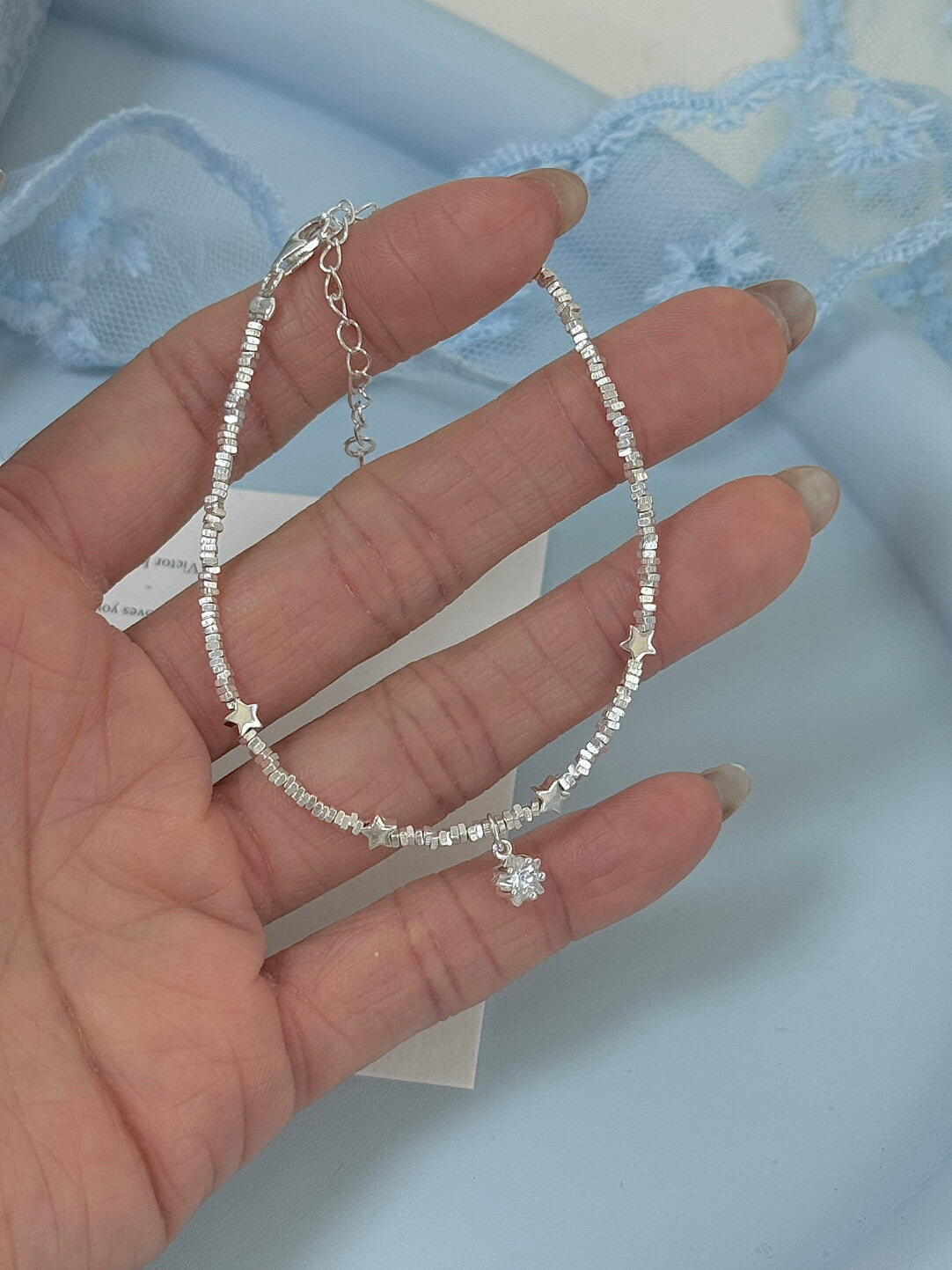 LolaWhite "Stardust Chronicles" Solid S999 Sterling Silver Star & Crushed Silver Accents Bracelet - Dainty, Versatile & Sweet - Korean Ins Style