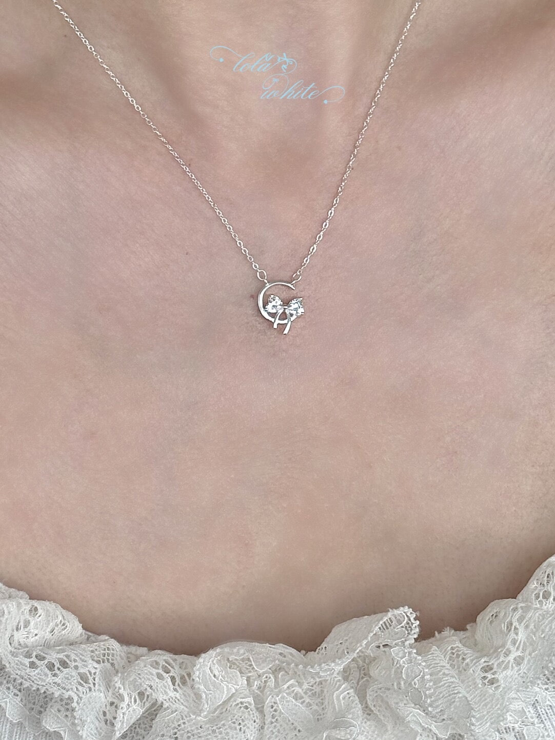 LolaWhite "Star-Moon Goddess" Solid S999 Pure Silver Crescent Moon & Bow Pendant Necklace with Zircon - Sweet & Feminine