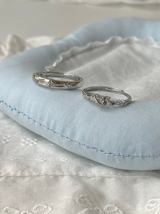 LolaWhite "Love Frequency" Solid S999 Pure Silver Couple's Ring Set with Starlight Design - Romantic & Unique