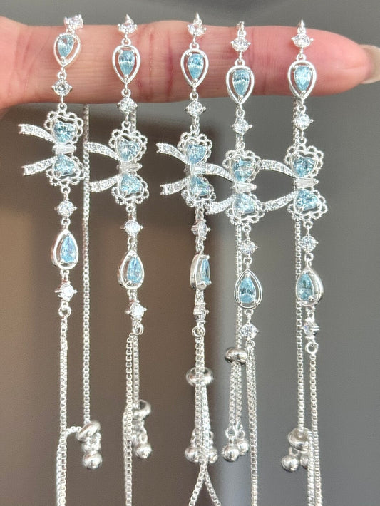 LolaWhite "Lingering Rainlight" Blue Zircon Lace Bow Bracelet – Silver Plated, Dazzling & Sweet
