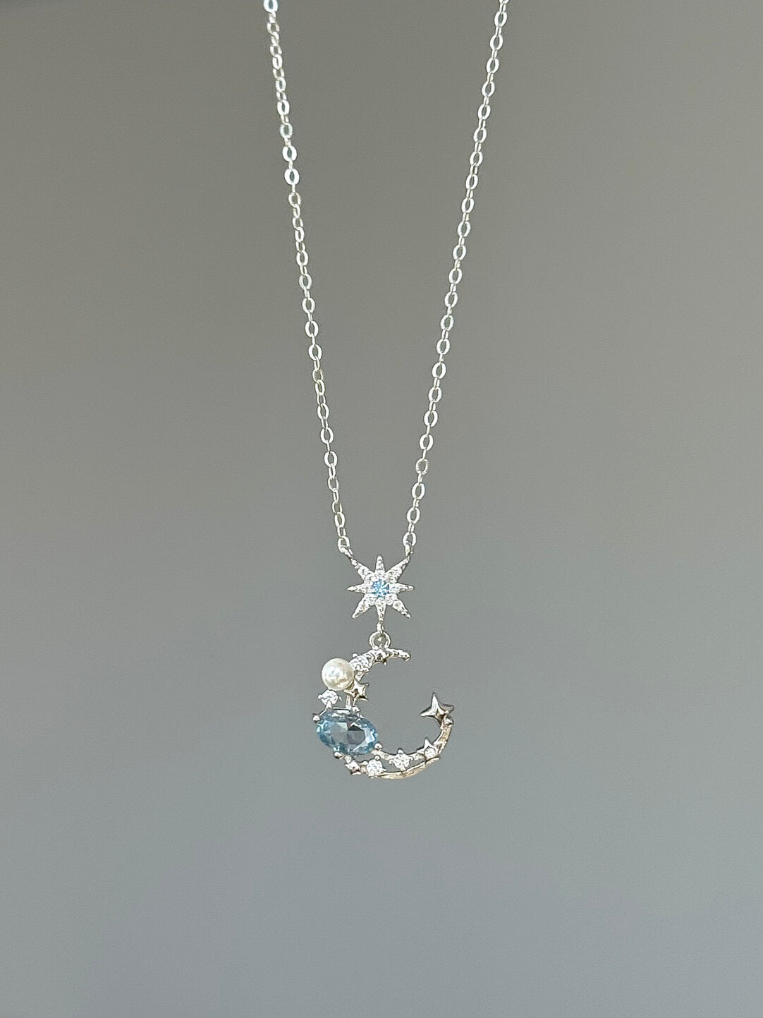 LolaWhite "Lunar Tides" S925 Sterling Silver Moon & Eight-Pointed Star Collarbone Necklace - Versatile Korean Style