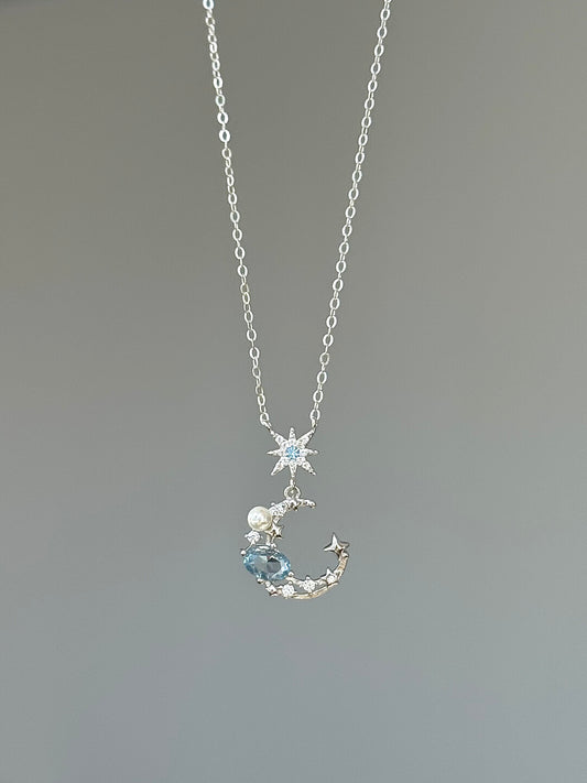 LolaWhite "Lunar Tides" S925 Sterling Silver Moon & Eight-Pointed Star Collarbone Necklace - Versatile Korean Style