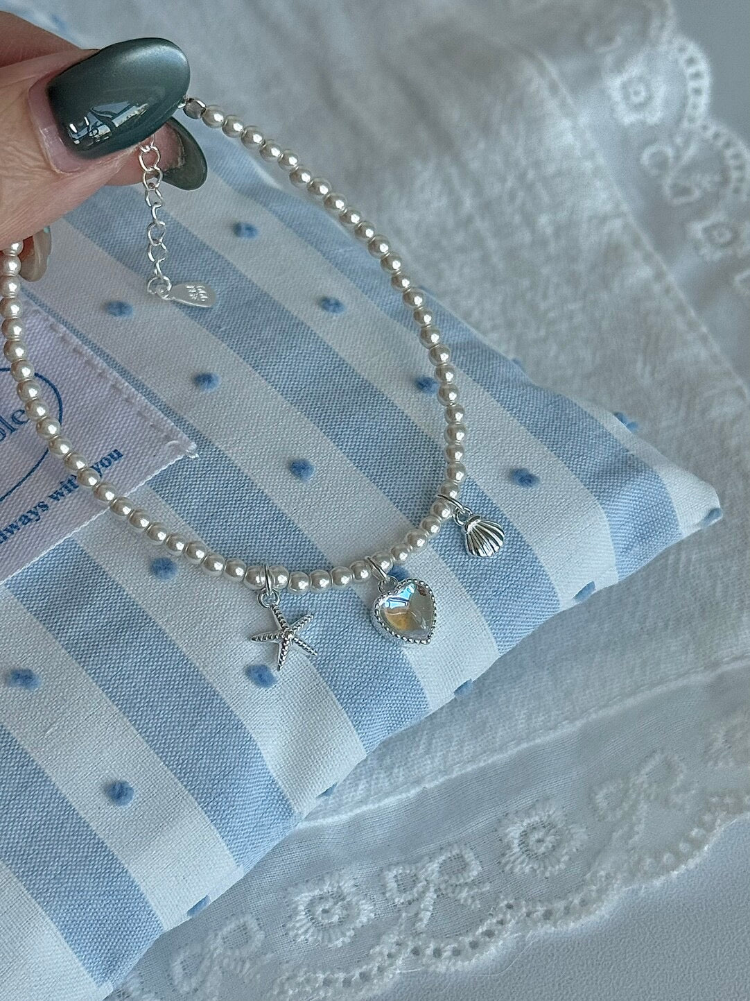 LolaWhite "Halo Lover" Solid S999 Pure Silver Iridescent Heart Bracelet with Starfish, Shell and Pearl Accents - Ethereal & Romantic