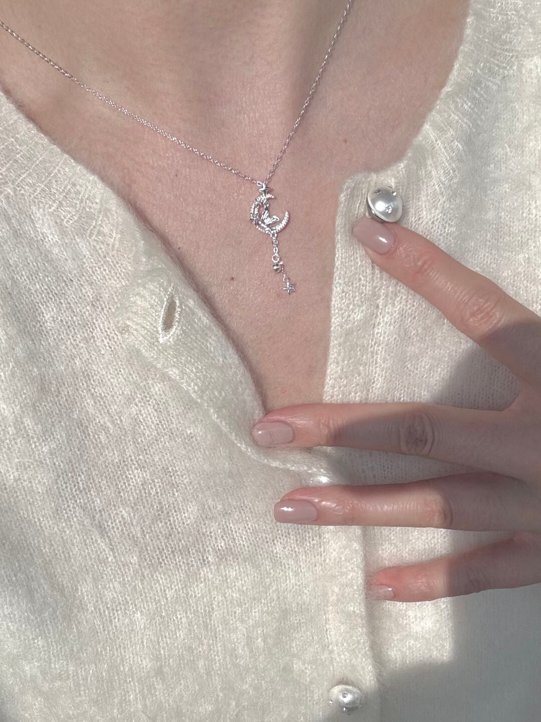 LolaWhite "Moonlit Butterfly Dance" S925 Sterling Silver Star, Moon & Butterfly Tassel Necklace