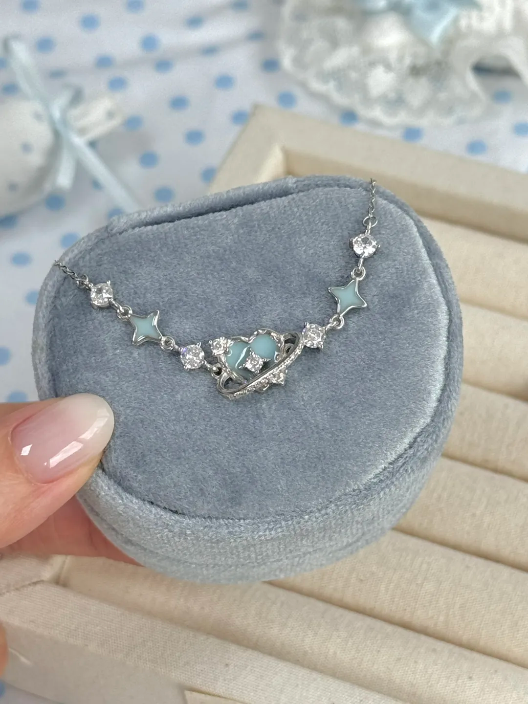 LolaWhite "Sweet Planet" S925 Sterling Silver Blue Heart & Star Trail Collection – Necklace, Bracelet & Earrings