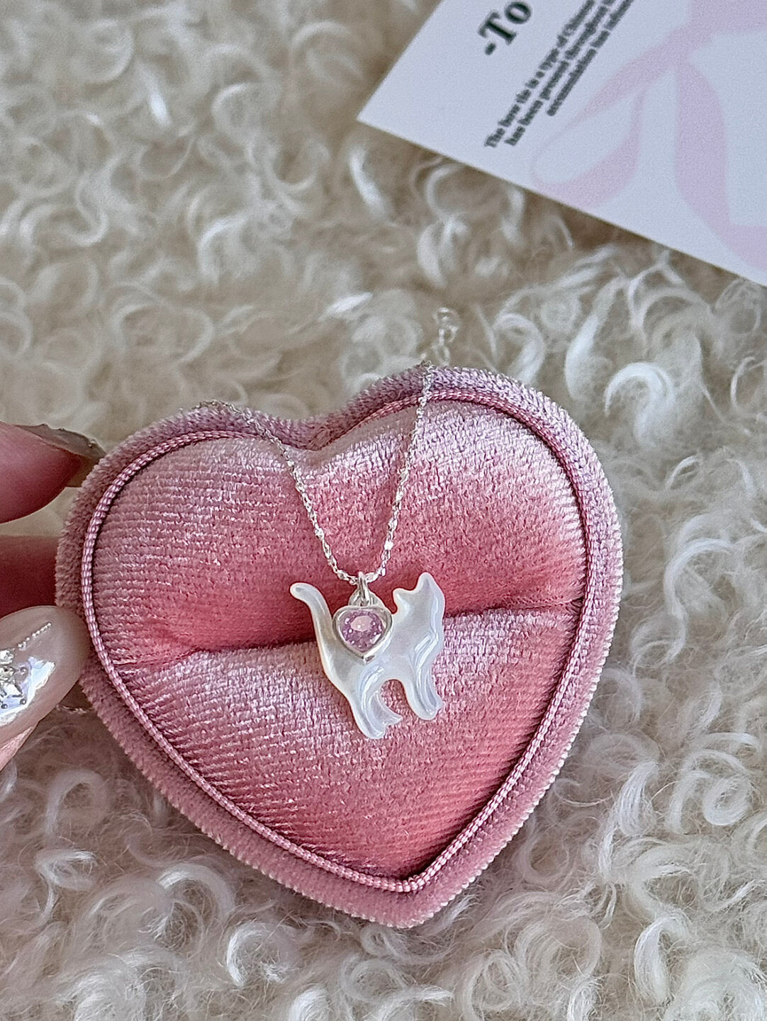 LolaWhite "Cloud Kitten" S925 Sterling Silver Mother-of-Pearl Cat Pendant Necklace with Heart Zircon - Playful & Sweet