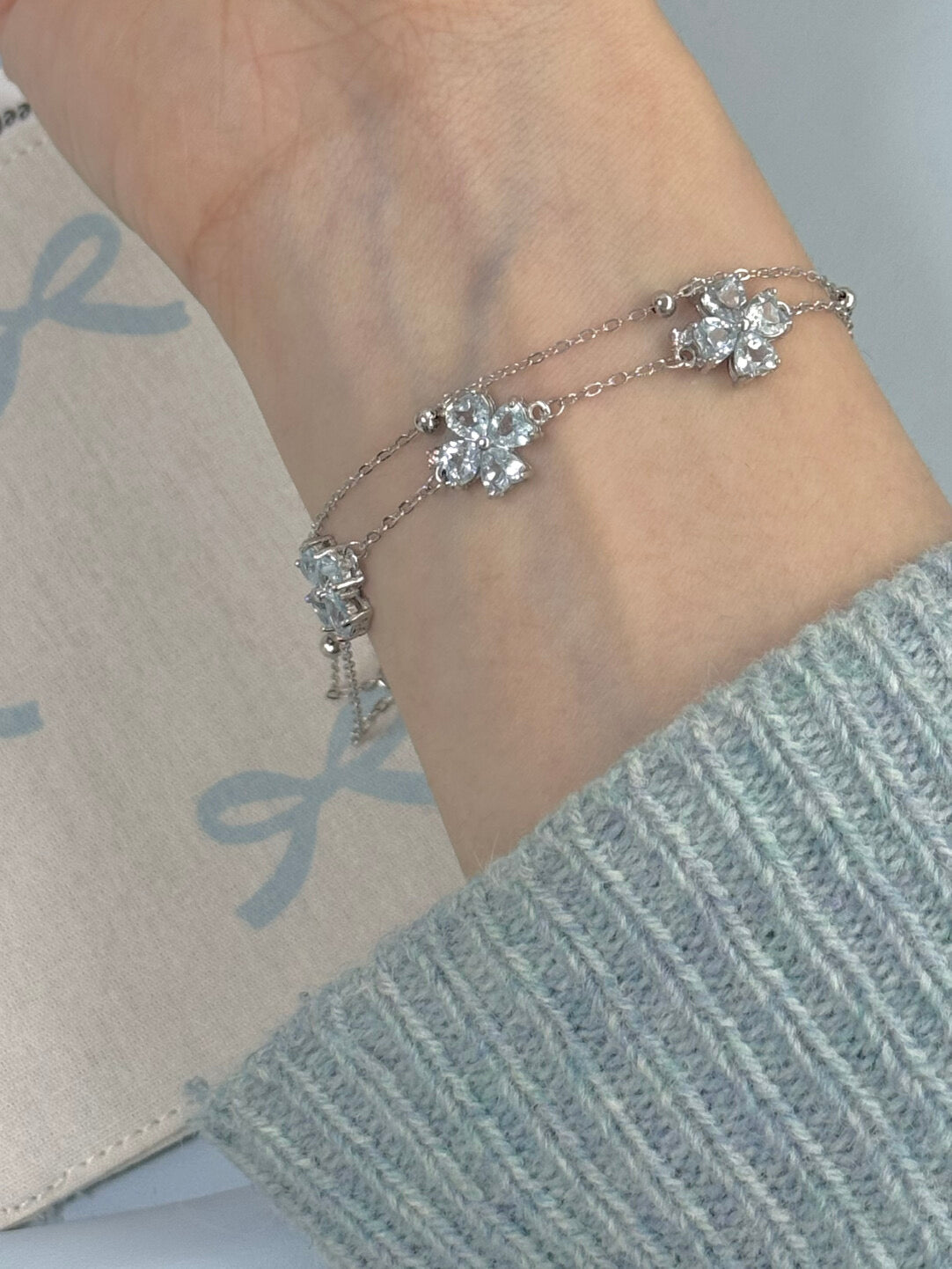 LolaWhite "Blue Ravine Pavilion" Solid S925 Sterling Silver Blue Four-Leaf Clover Double-Layer Bracelet – Light Luxury & Elegant