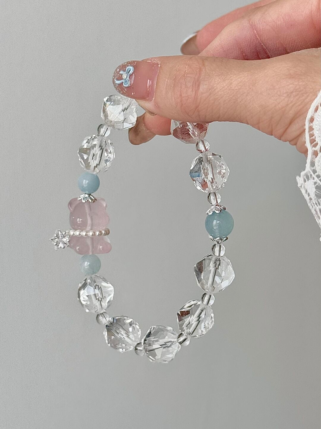 LolaWhite "Gummy Bear" White Faceted Bead Bracelet with Bear Charm