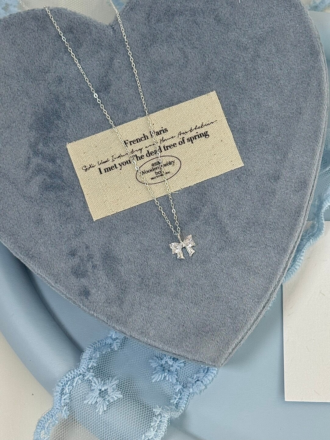 LolaWhite "Ballet Feathers" Solid S999 Sterling Silver Zircon Bow Necklace - Sweet, Light Luxury & Artistic