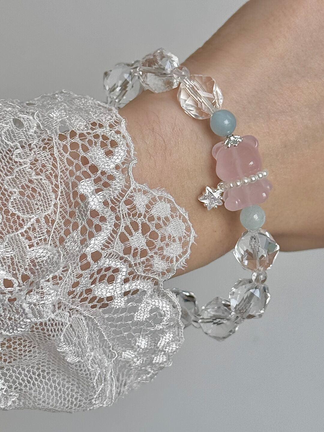 LolaWhite "Gummy Bear" White Faceted Bead Bracelet with Bear Charm